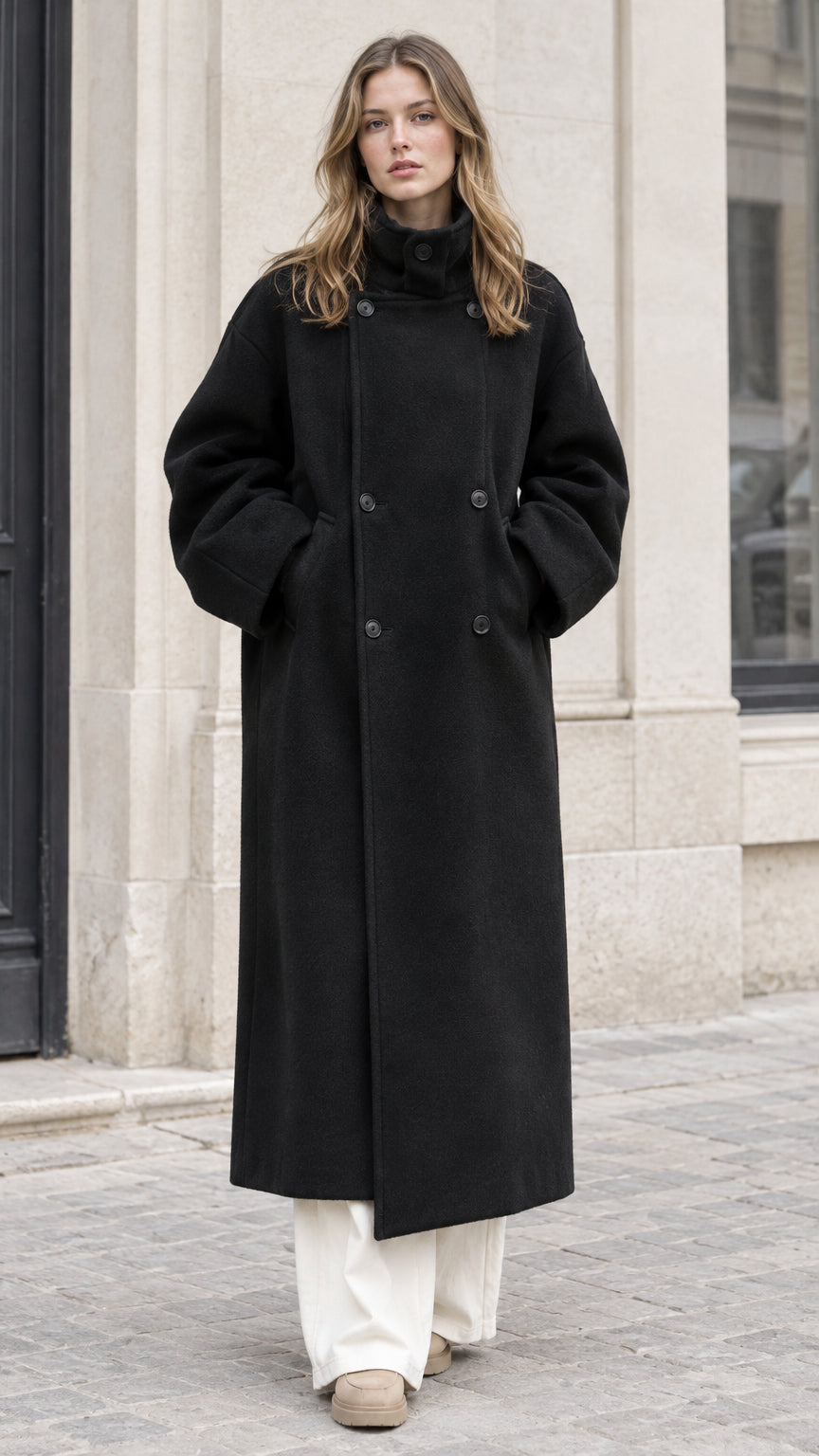 Front full view of woman wearing Black double-breasted high neck maxi overcoat with wide-leg white pants