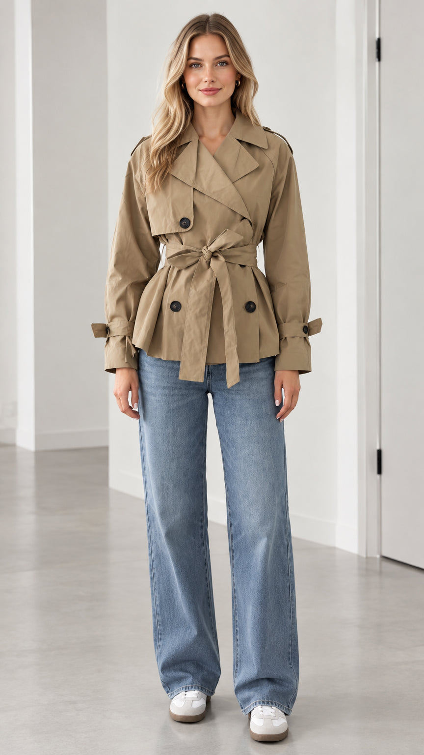 Front view of model wearing khaki short double-breasted trench coat with self-tie belt and wide-leg jeans