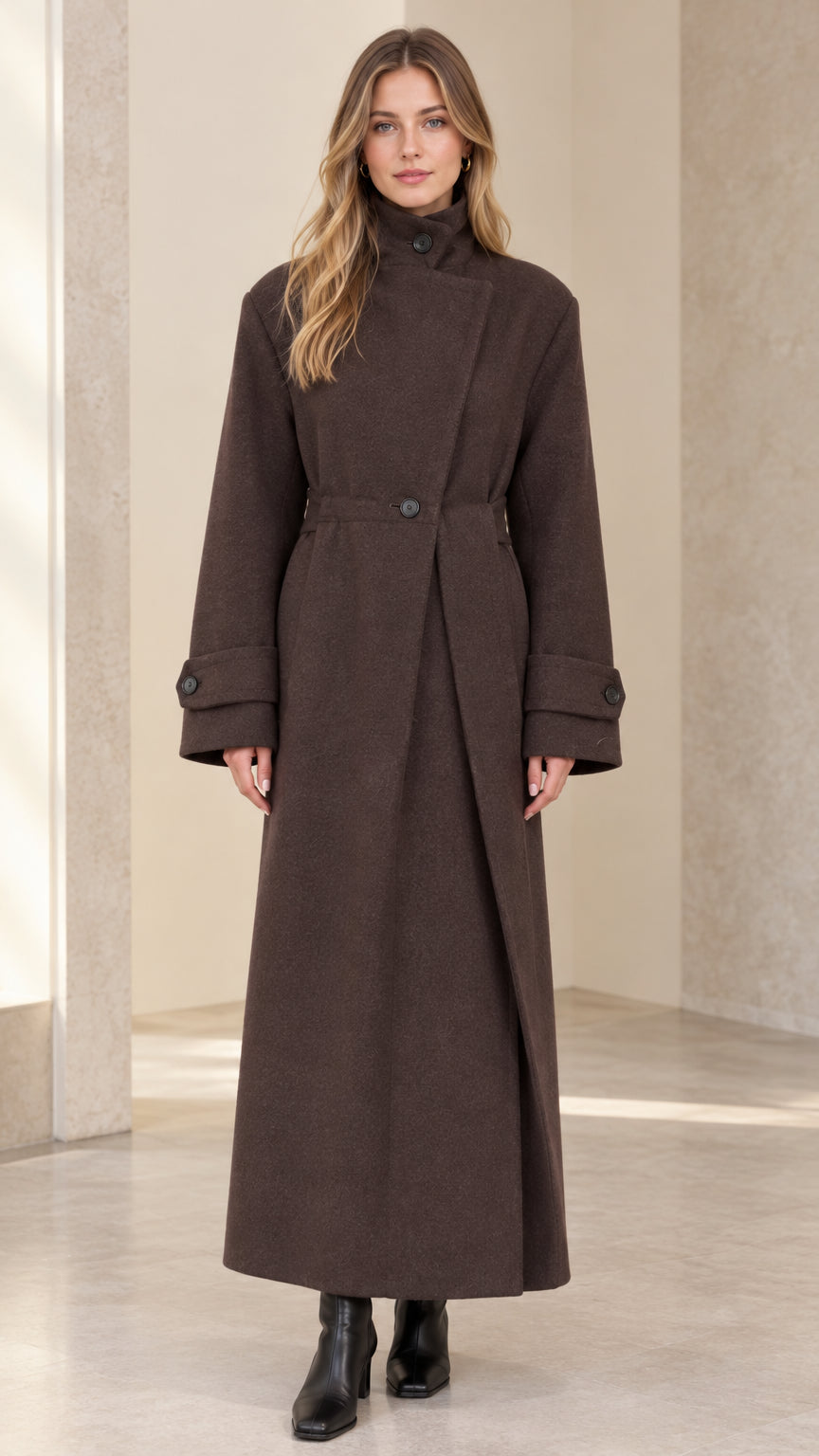 Front full-length view of model wearing brown asymmetric high-neck belted maxi overcoat