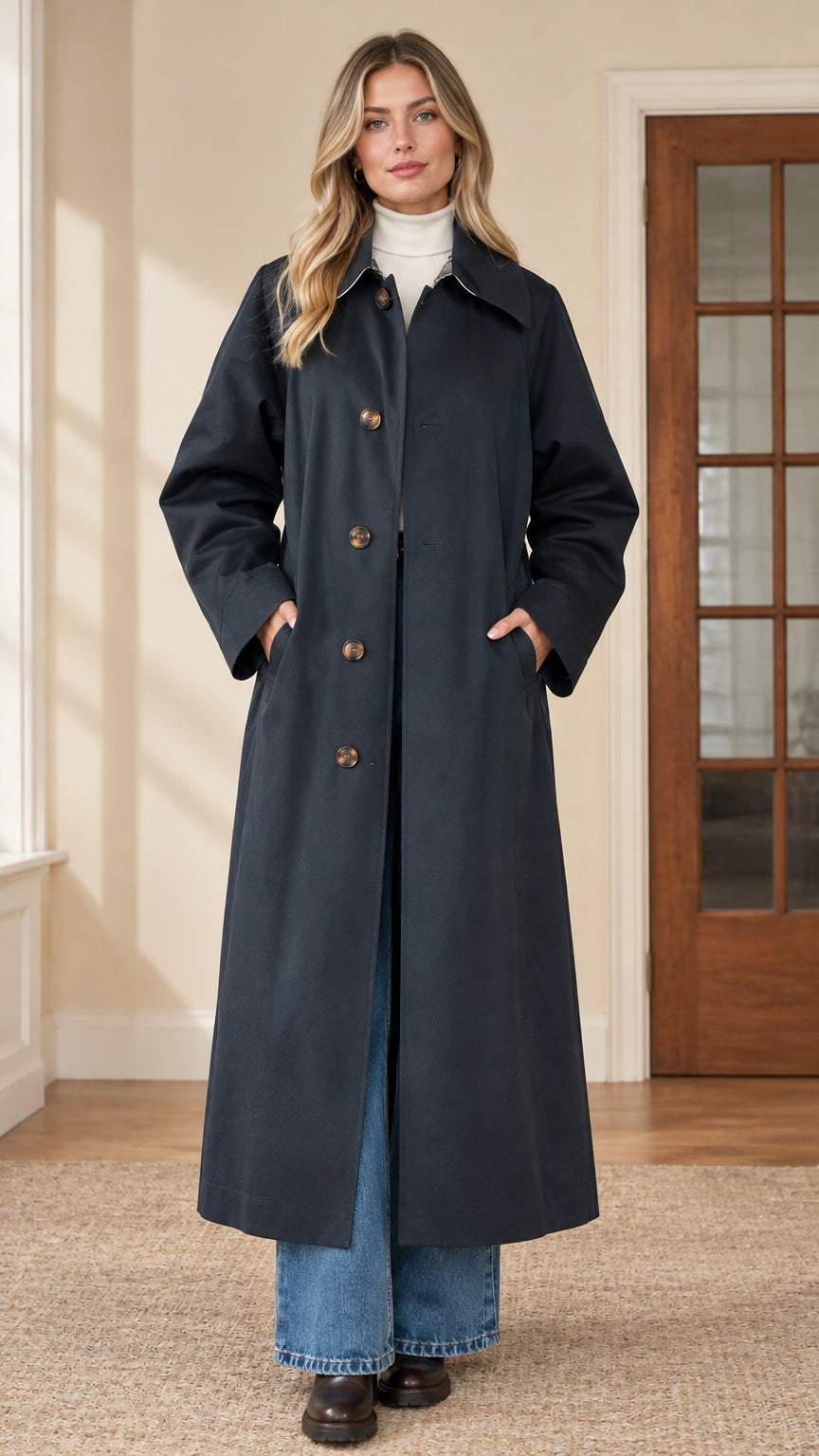 Full-length front view of woman wearing navy blue maxi trench coat over turtleneck and jeans