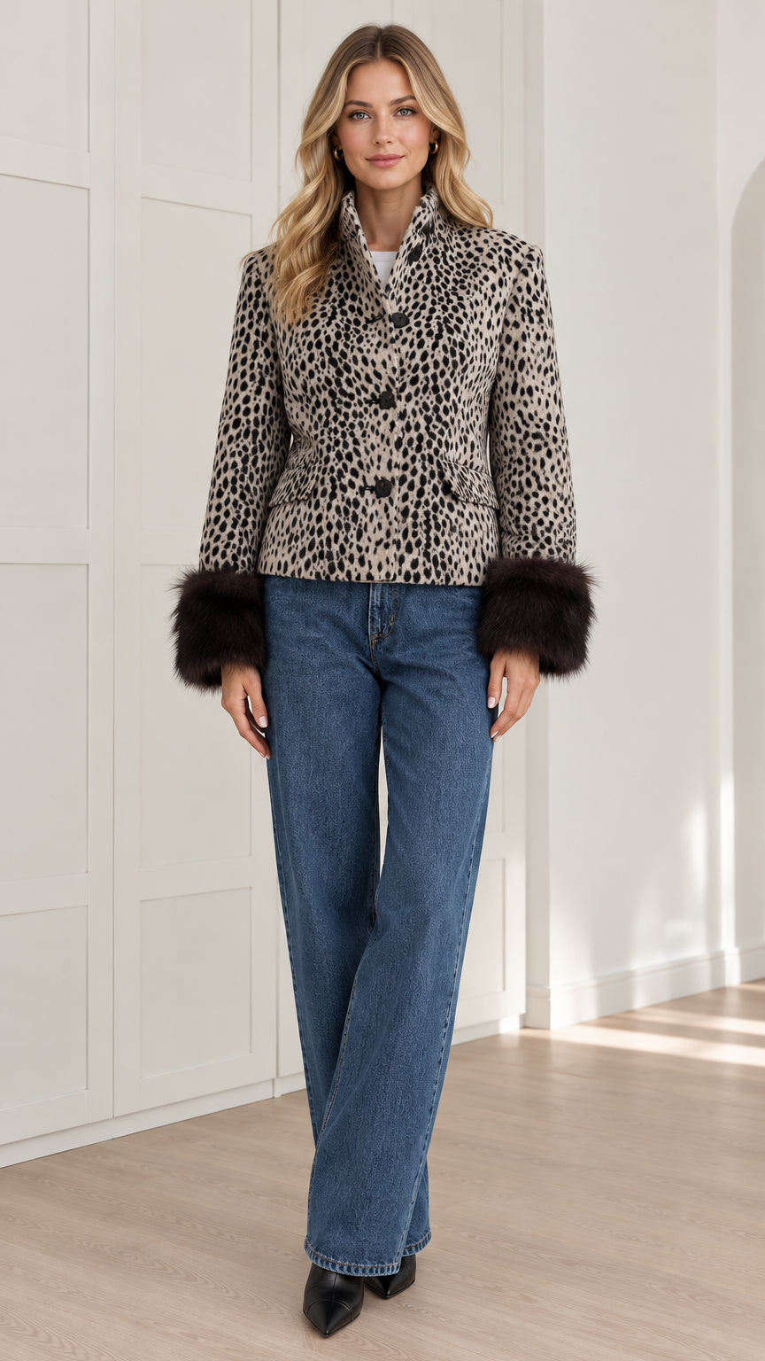 Front full view of woman wearing beige leopard print jacket with dark fur cuffs and wide leg jeans