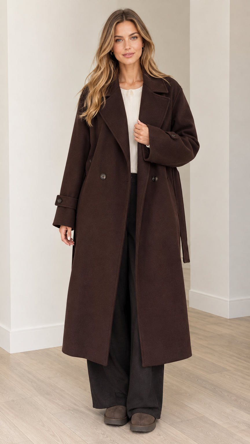 Front view of woman wearing brown longline belted overcoat with notch lapels