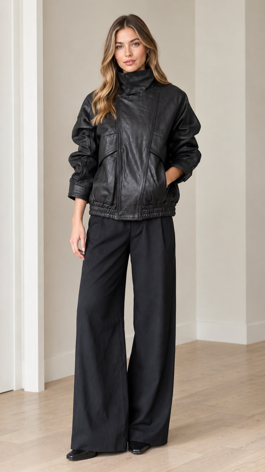 Front view of model wearing black faux leather bomber jacket and matching wide-leg pants