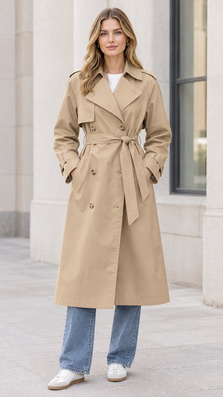Front full-length view of woman wearing beige double-breasted long trench coat with waist tie