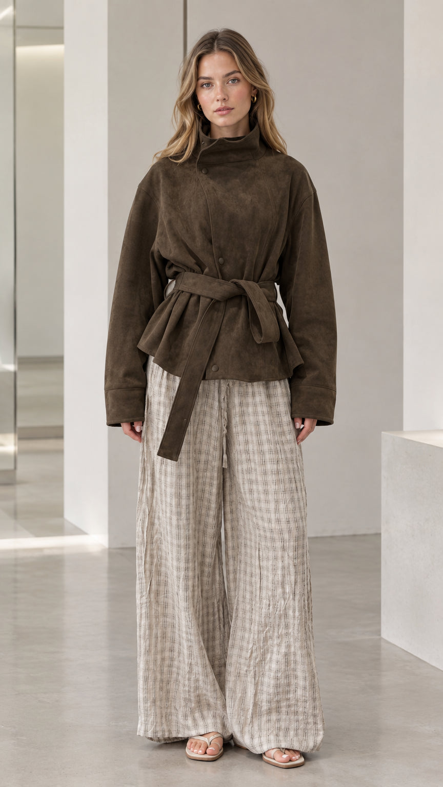 Front full view of woman wearing dark olive belted high-neck suede jacket with wide leg trousers