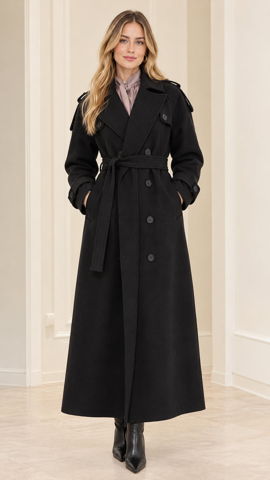 Front full view of woman wearing Black double-breasted maxi trench coat with tie belt