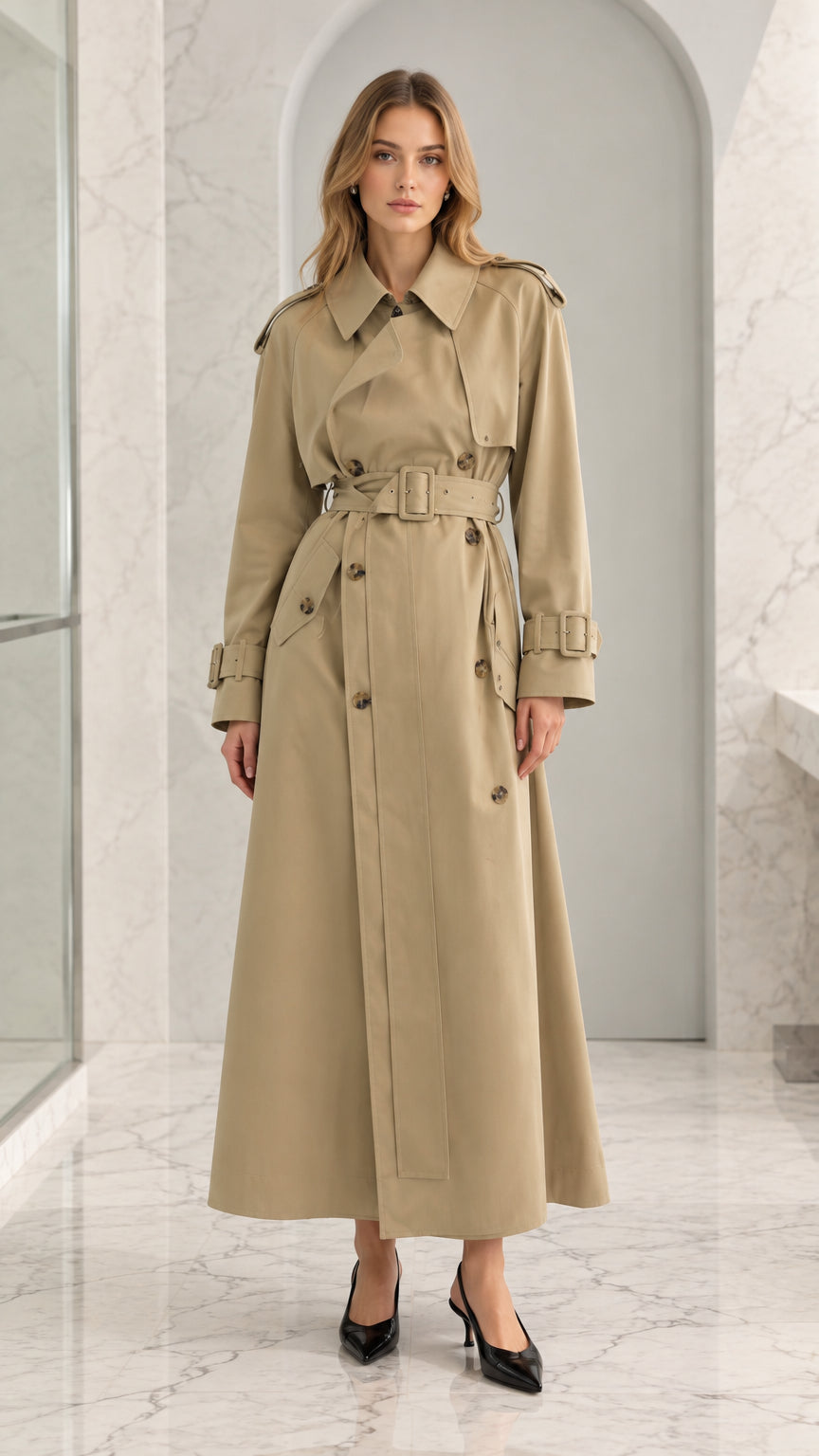 Front full-length view of woman wearing khaki maxi belted trench coat