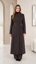 Full front view of model wearing charcoal tailored high-neck maxi coat