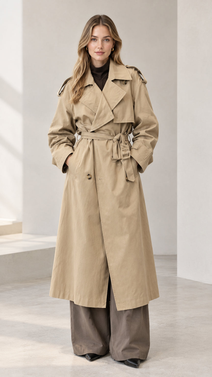 Front full-length view of woman wearing a classic long khaki double-breasted trench coat with waist tie belt