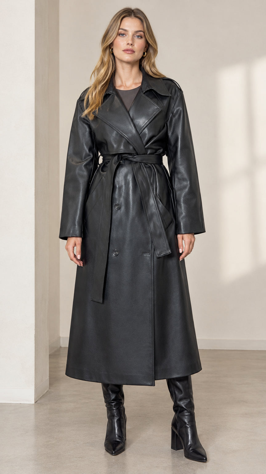 Front view of woman wearing long black faux leather belted trench coat with high boots