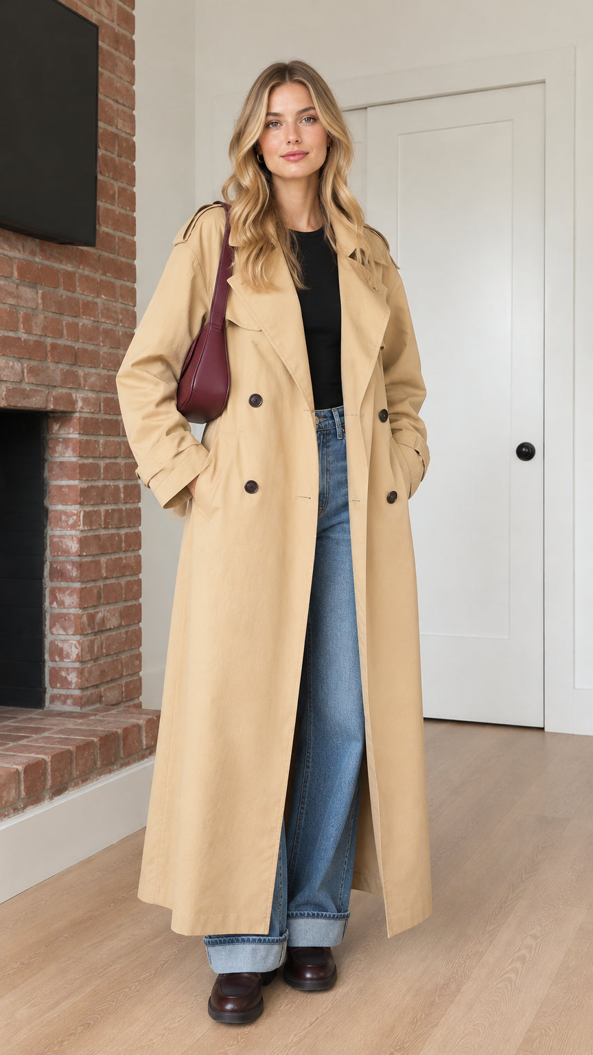 Front view of model wearing full-length camel double-breasted trench coat