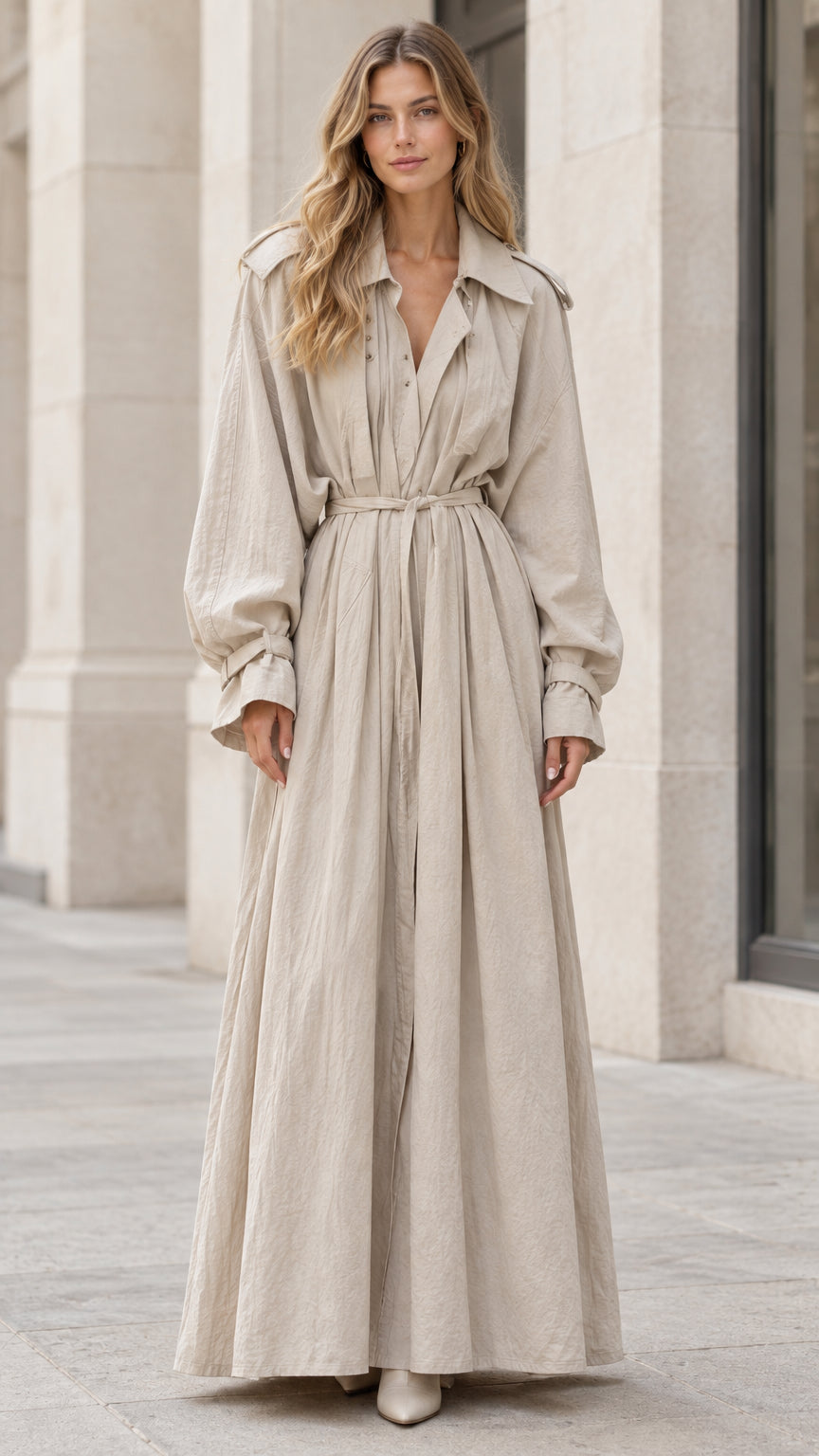 Full front view of model wearing a beige long sleeve trench-style maxi dress with tie belt