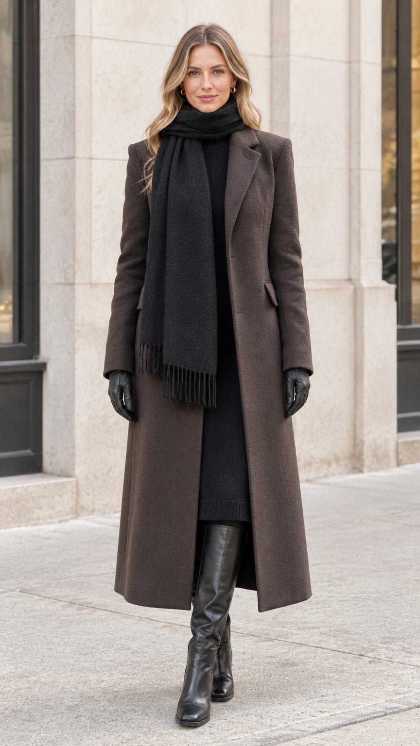 Front view of model wearing a dark brown tailored maxi overcoat with black scarf and boots