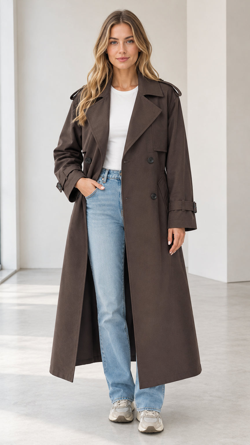 Front full view of woman wearing a long dark brown double-breasted trench coat open over white tee and blue jeans