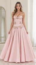 Front view of model wearing Blush Pink sweetheart corset ball gown with floral beadwork
