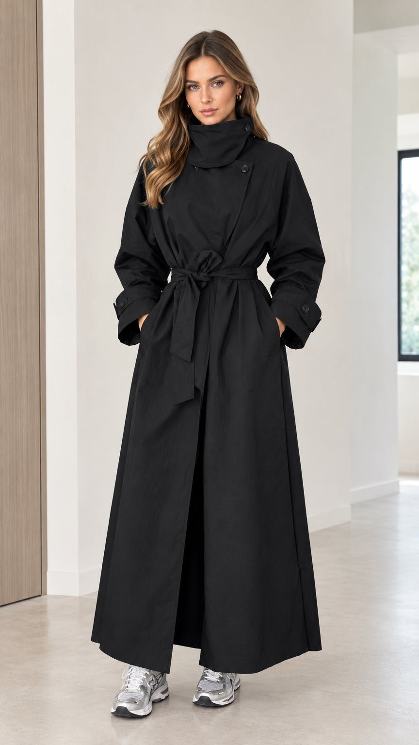 Front full view of a woman wearing a black high collar maxi trench coat with a tied belt