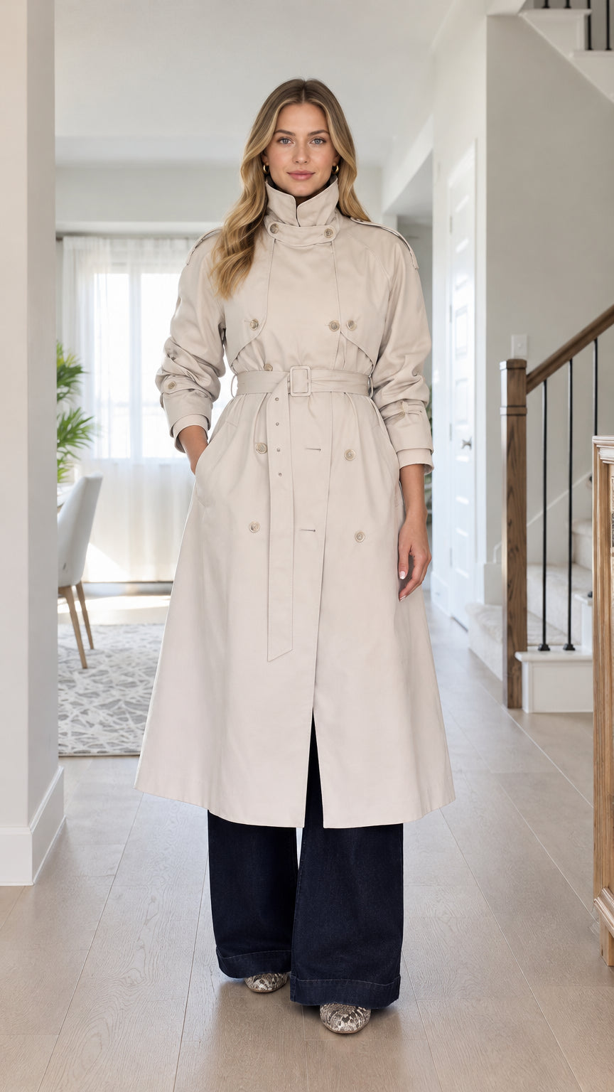 Front view of model wearing long beige double-breasted trench coat with belt