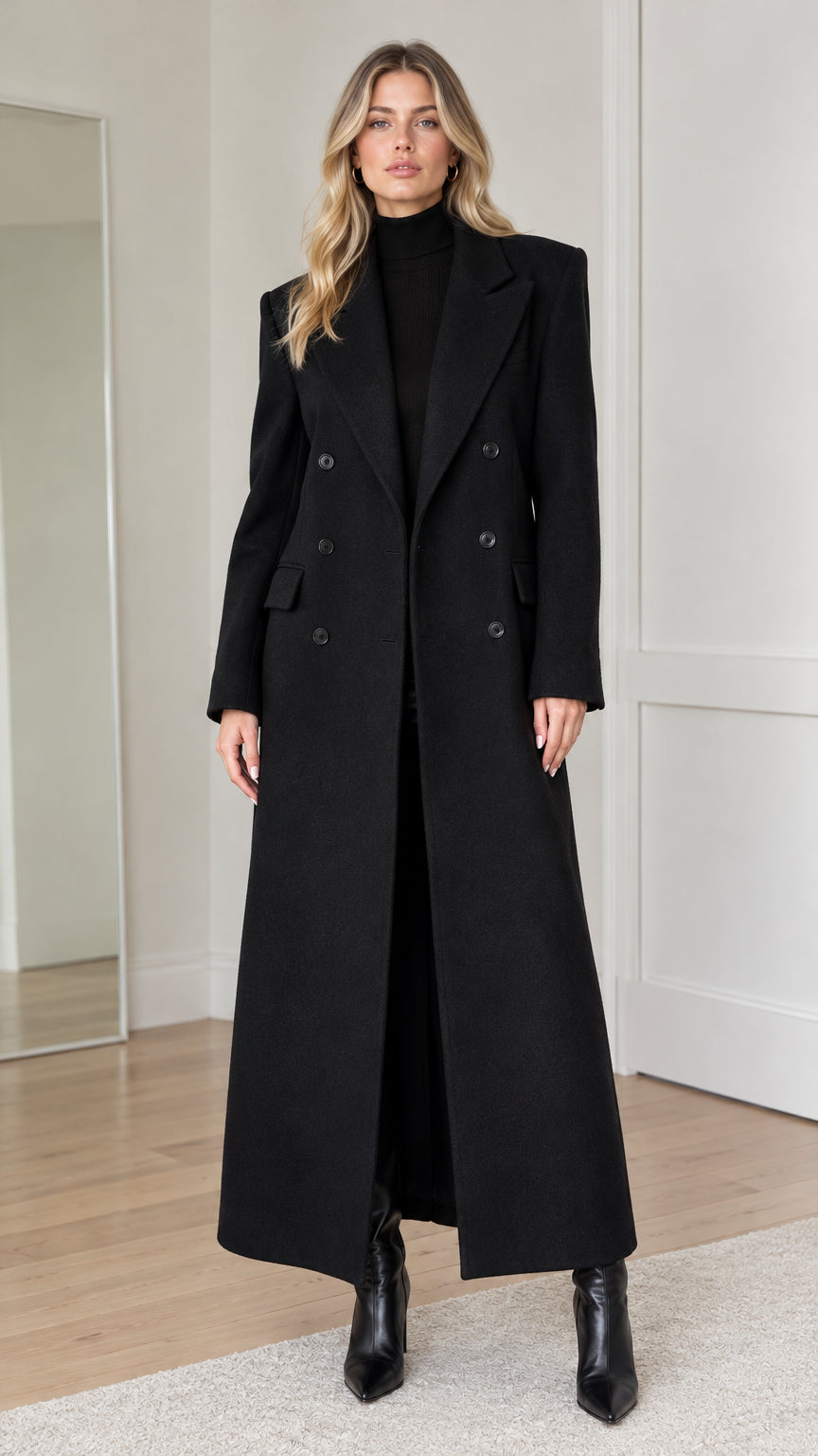 Front full view of woman wearing structured black double-breasted maxi overcoat