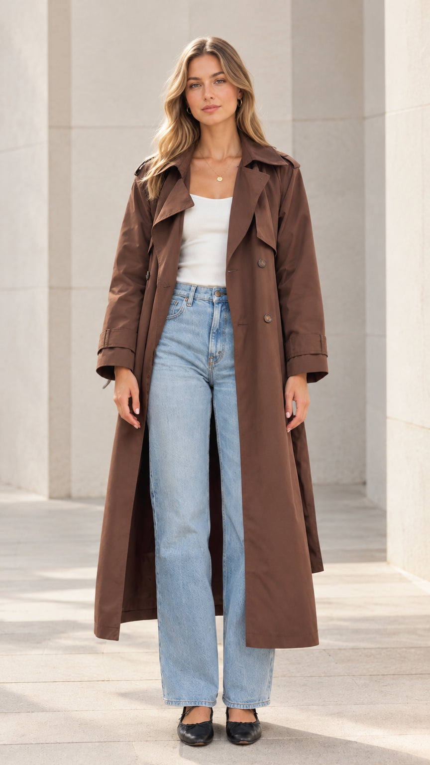 Front full-length view of model wearing a long brown belted trench coat with jeans