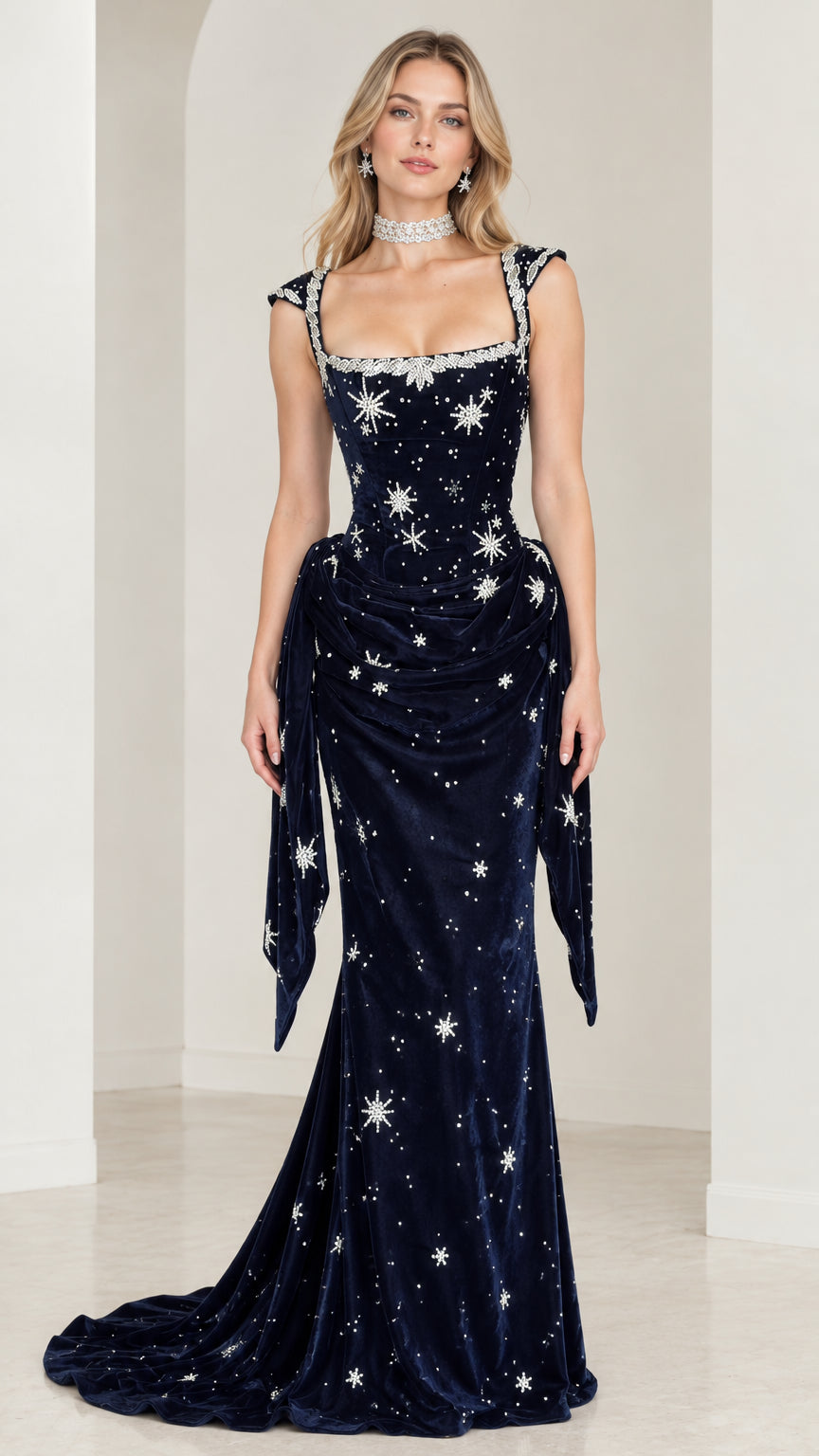 Front view of model wearing Navy Blue star-embellished velvet evening gown with square neckline