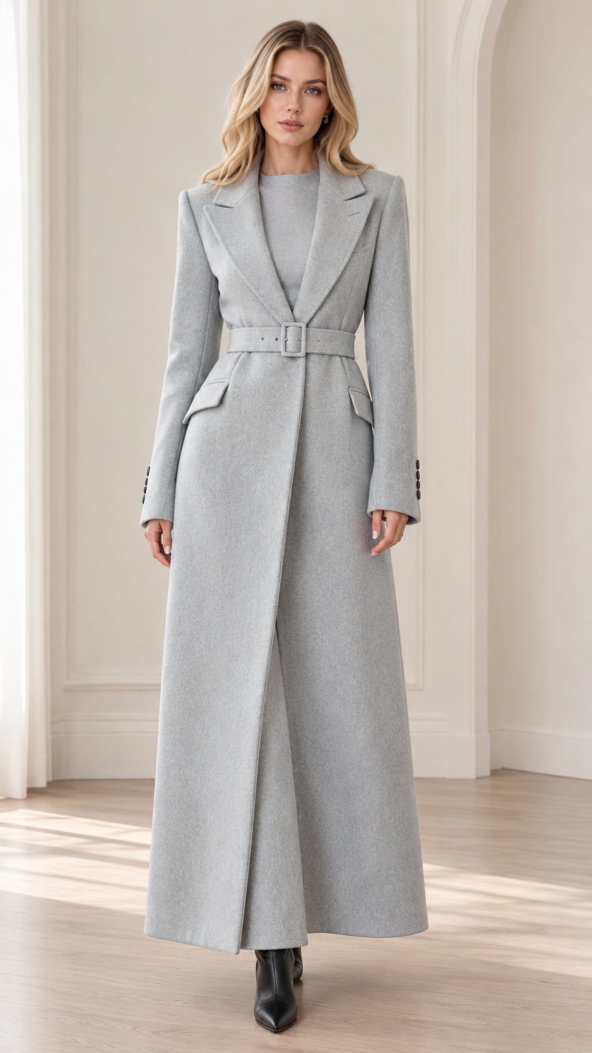 Front full view of woman wearing Light Grey belted maxi overcoat