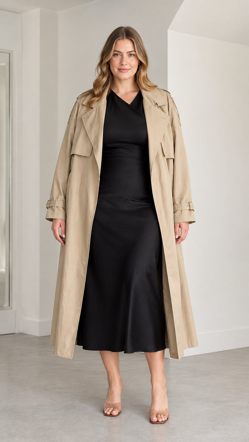 Front full-length view of woman wearing khaki longline trench coat over black dress