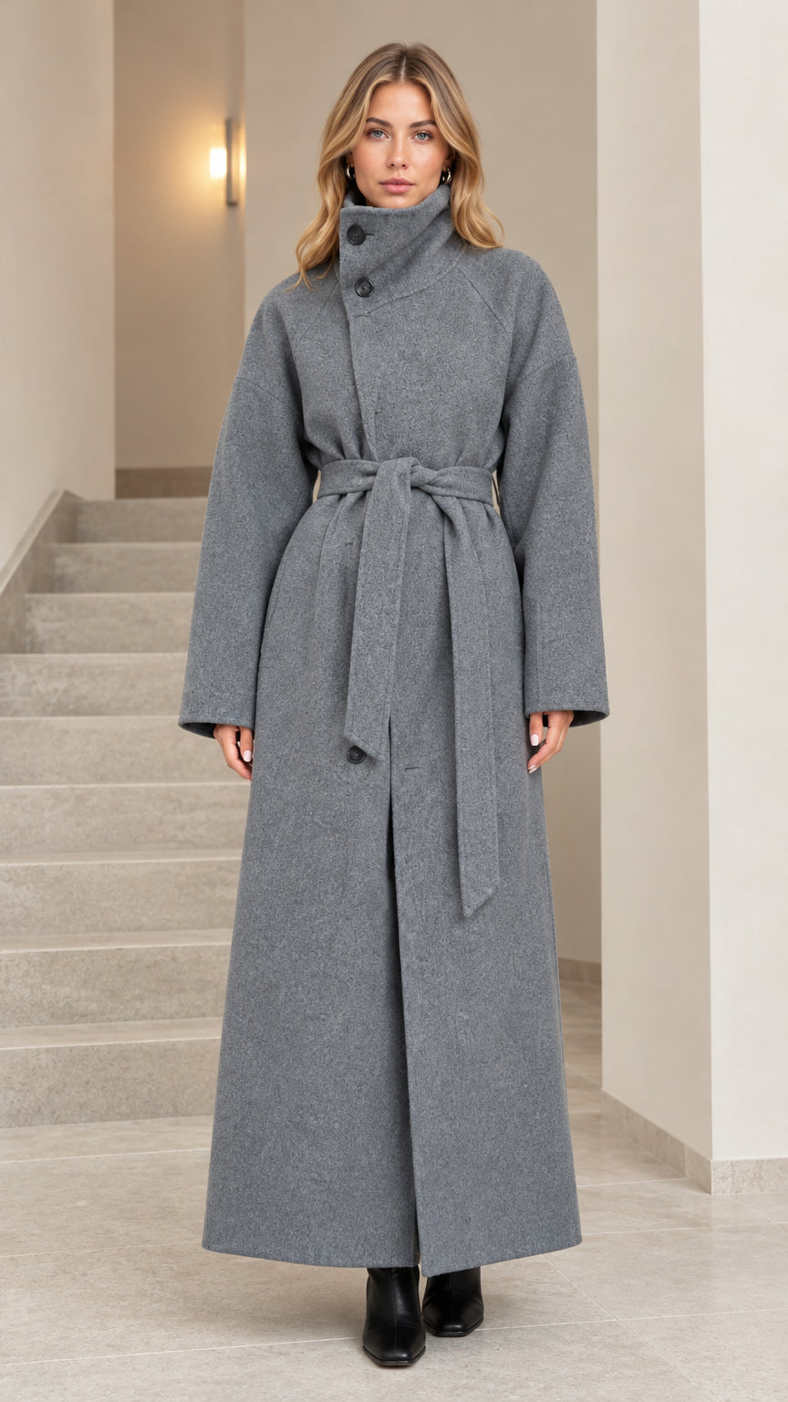 Front full-length view of woman wearing grey high collar belted maxi overcoat