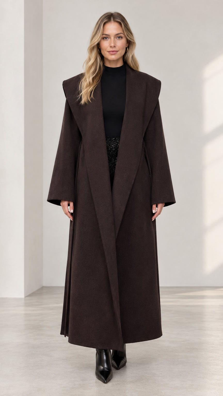 Front view of woman wearing dark brown wide shawl lapel maxi overcoat