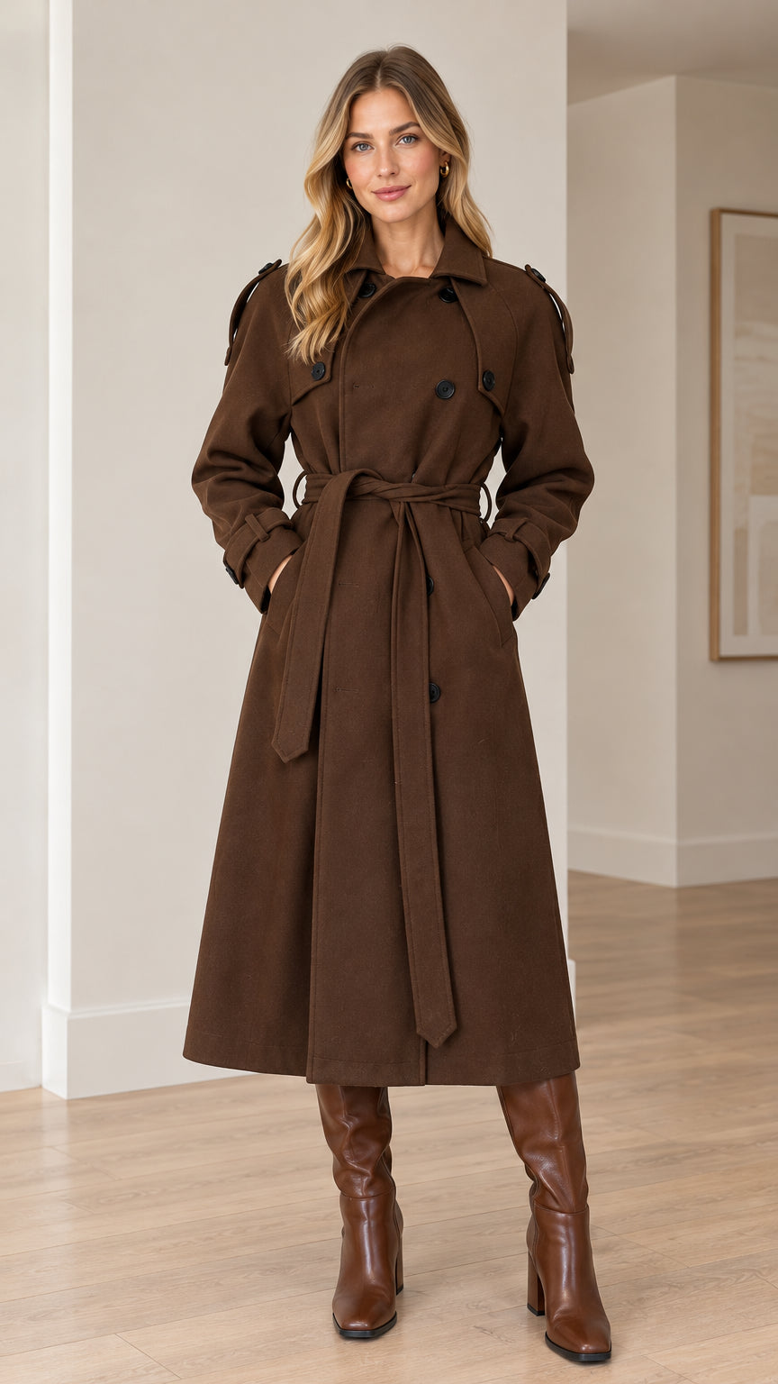Front view of model wearing long brown double-breasted trench coat with tie belt