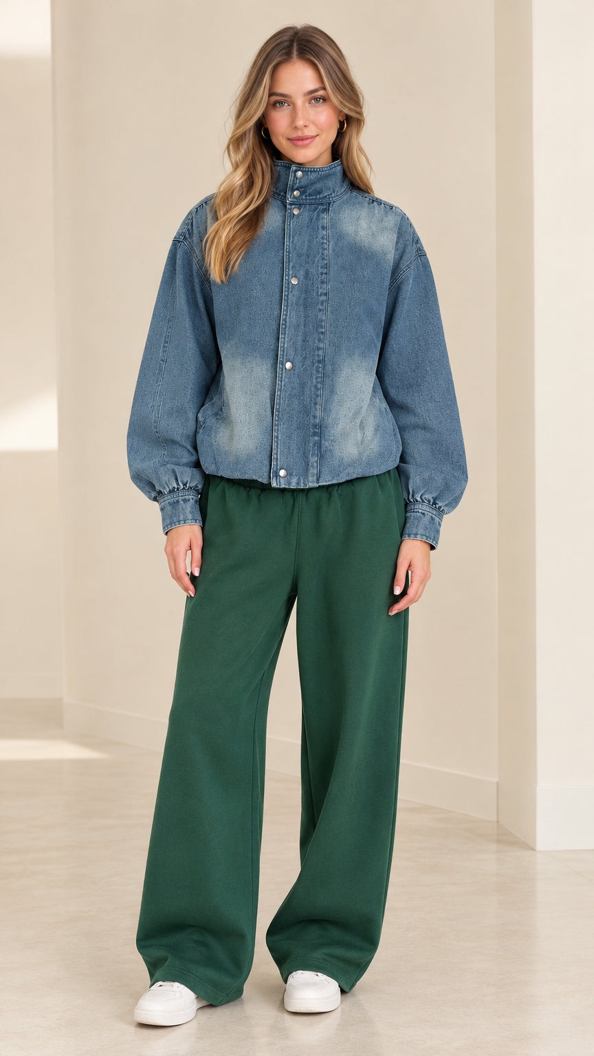 Front view of model wearing blue washed jacket with green wide-leg pants