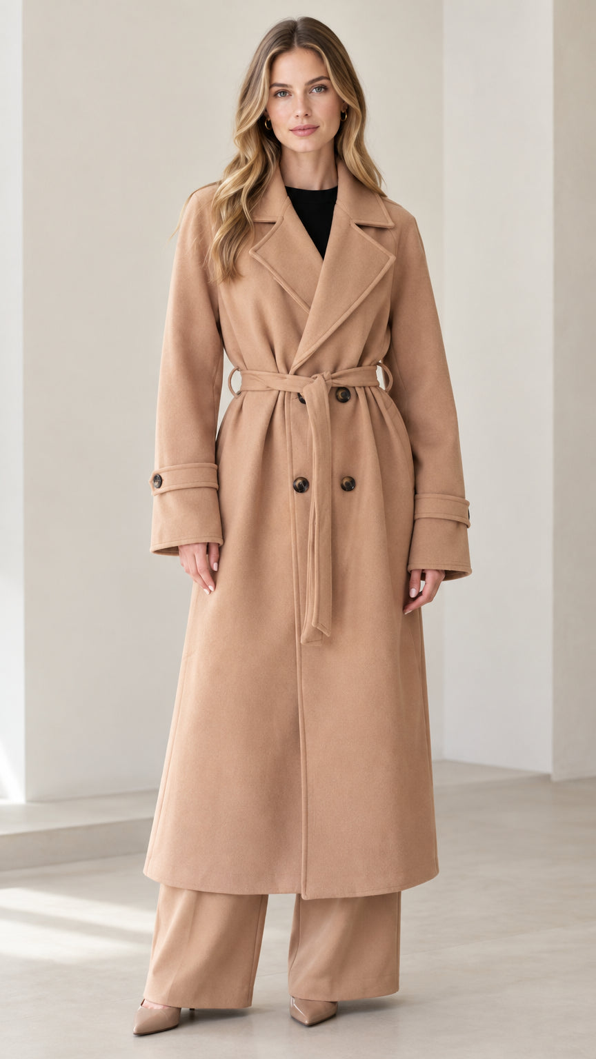 Front full view of woman wearing long camel belted trench coat with wide pants