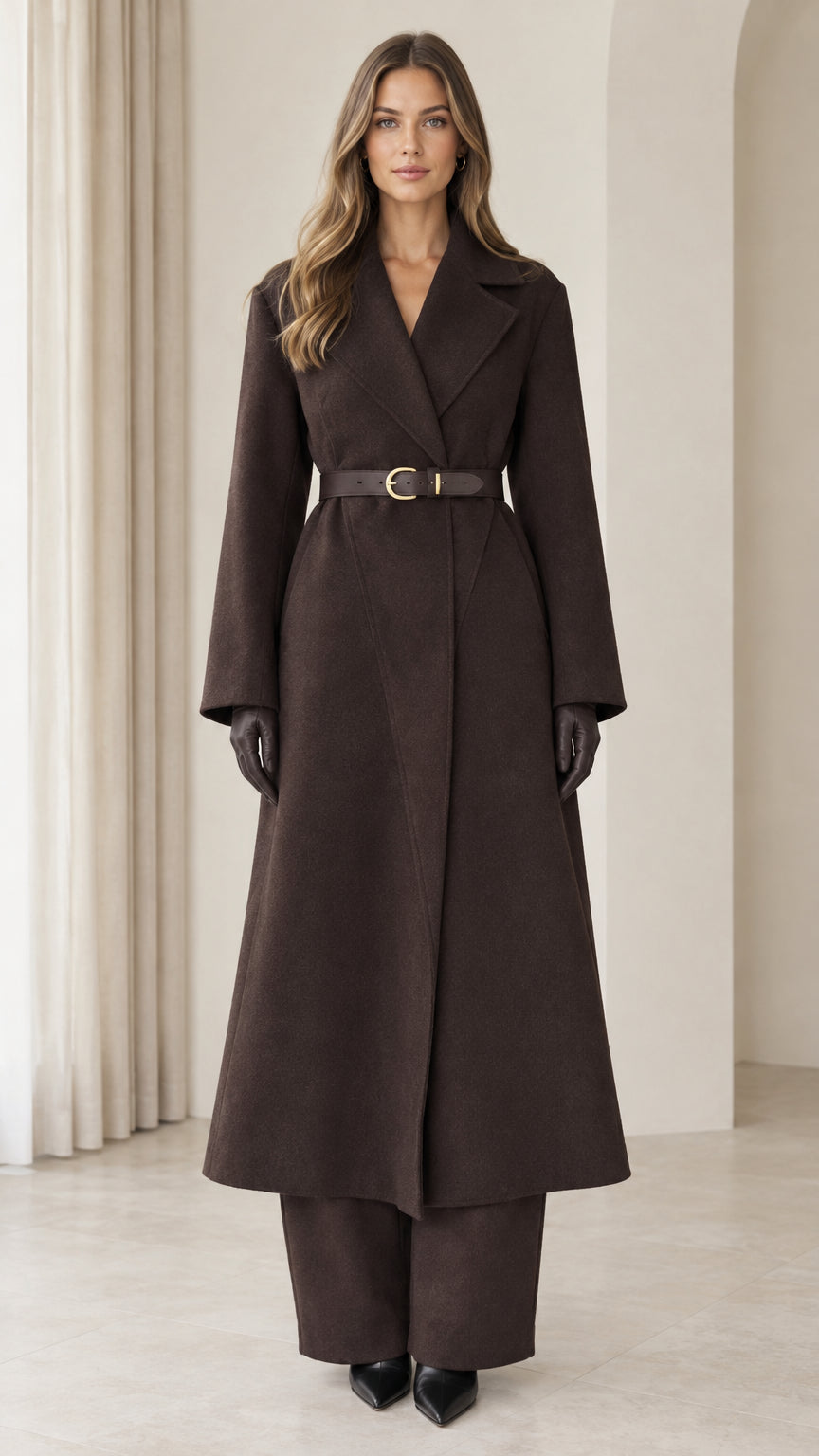 Front view of model wearing chocolate brown belted maxi coat with matching wide-leg pants