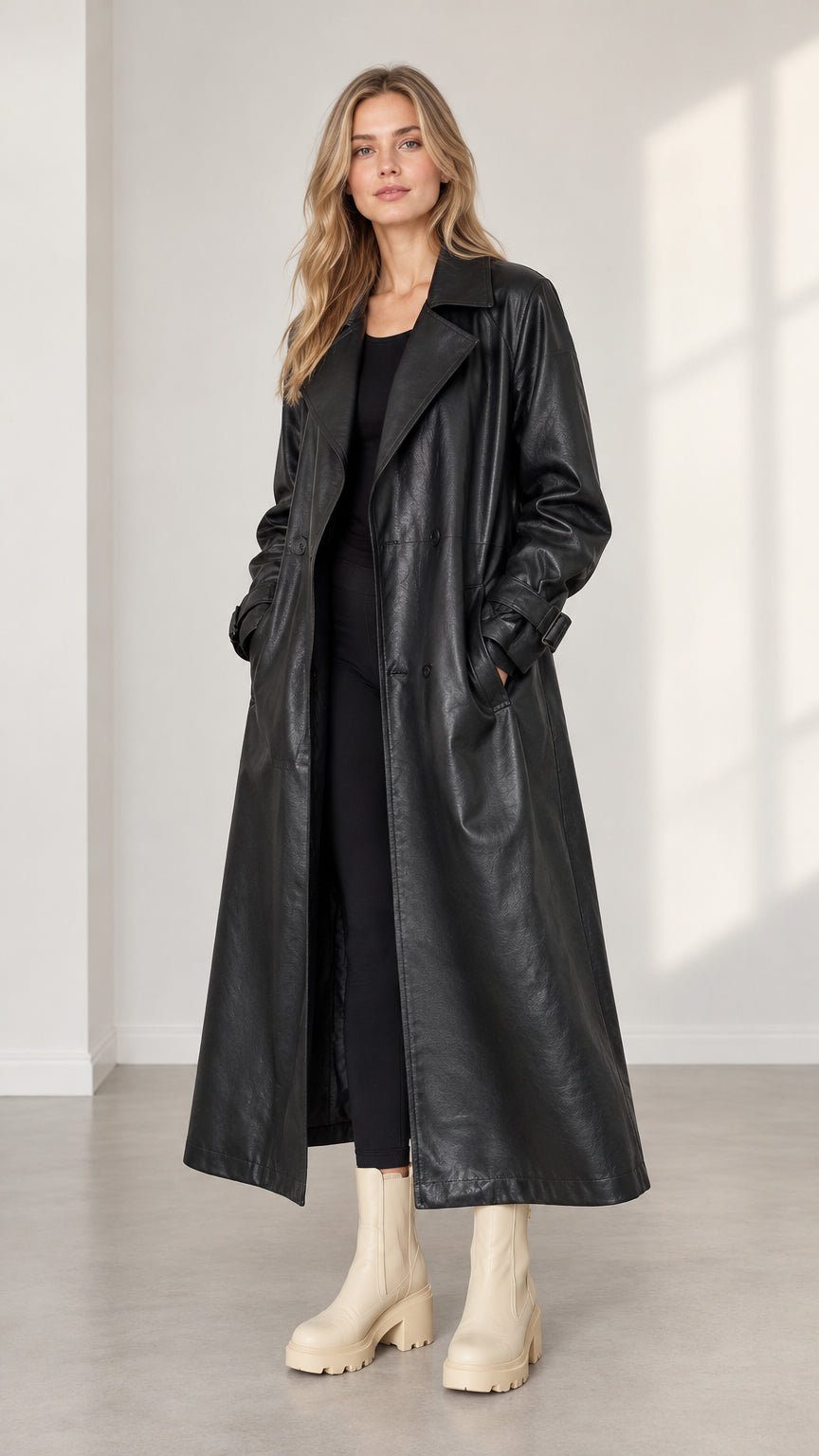 Front 3/4 view of woman wearing full length black faux leather trench coat with cream boots