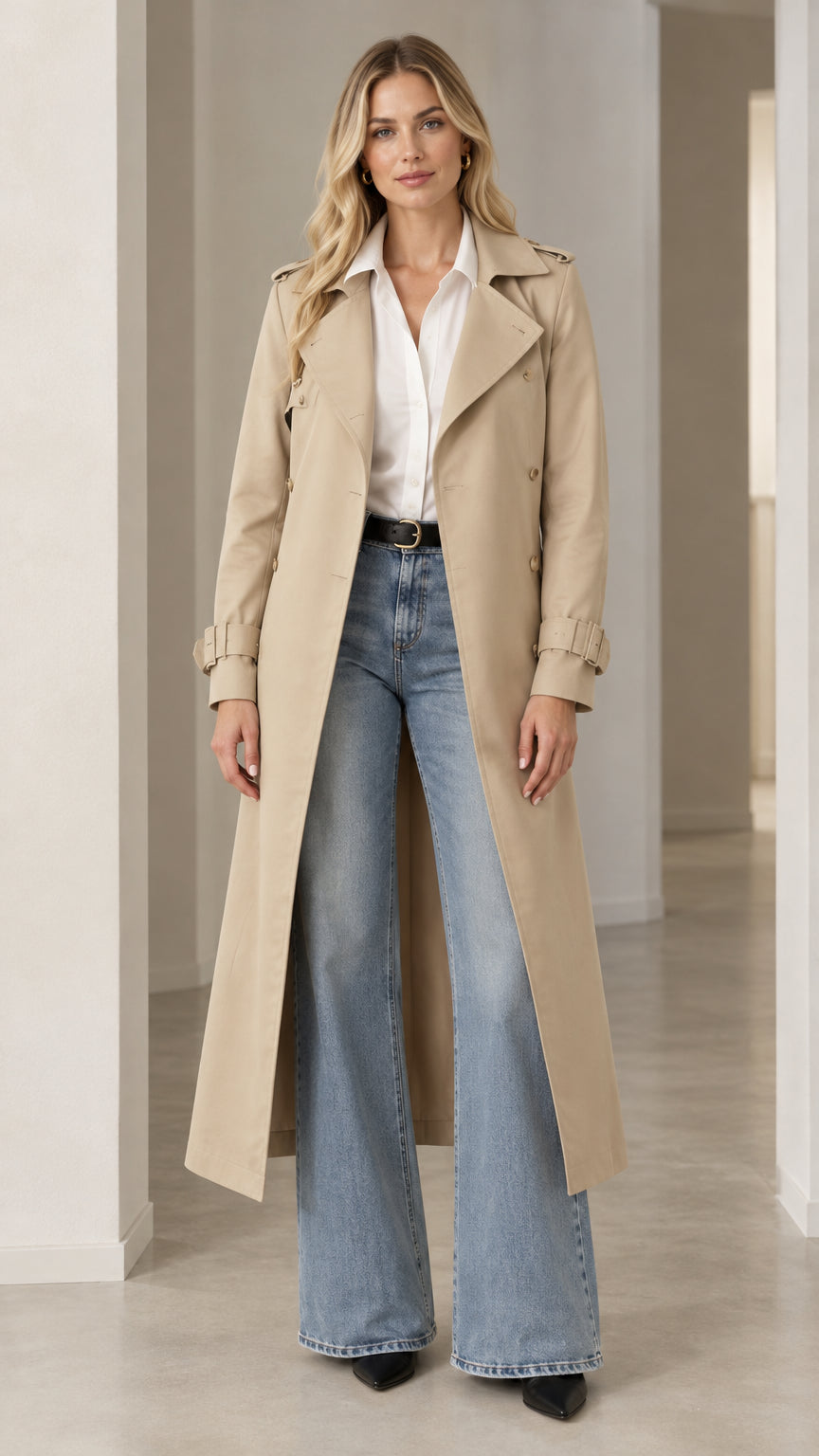 Front full-length view of a woman wearing a beige double-breasted maxi trench coat over wide-leg jeans