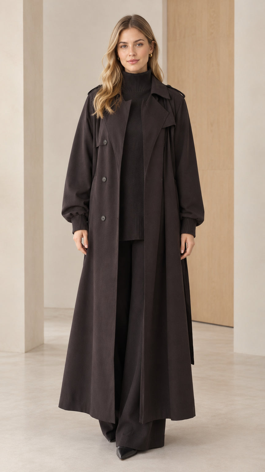 Front full-length view of woman wearing black maxi trench coat over matching outfit
