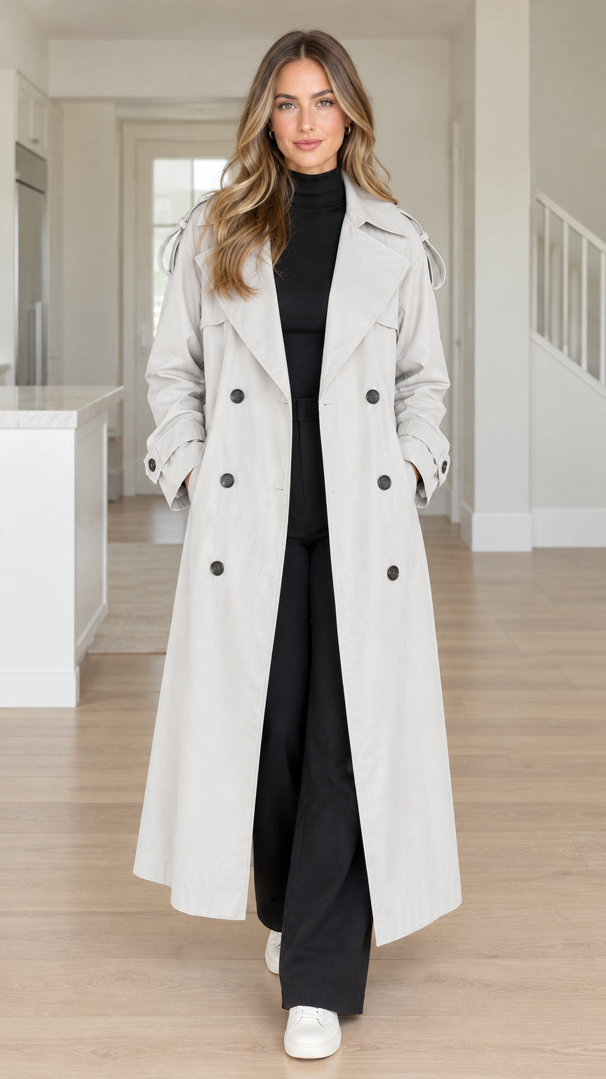 Front full-length view of model wearing a light grey long double-breasted trench coat with black pants
