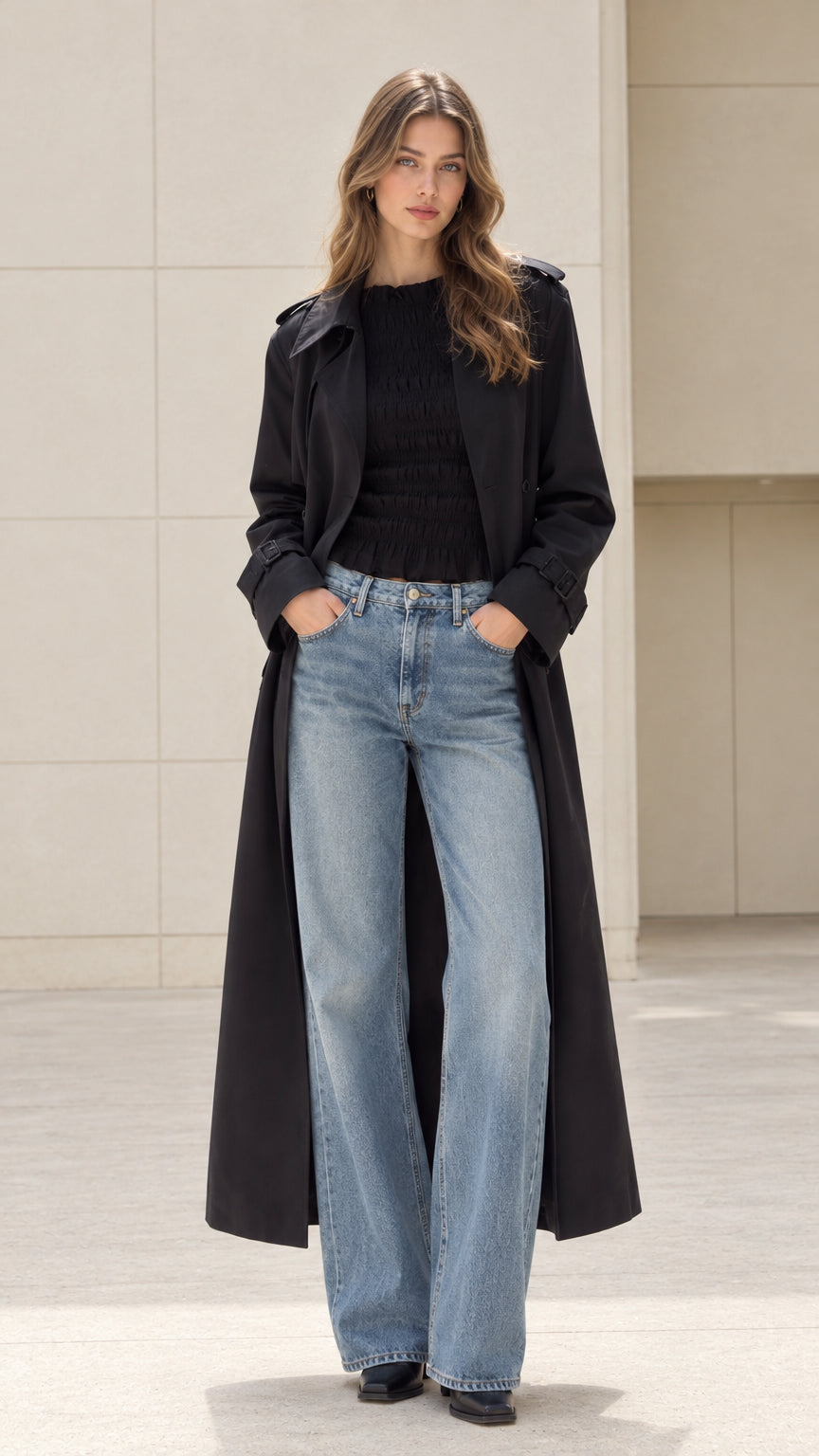 Front open view of woman wearing long black trench coat with wide-leg jeans