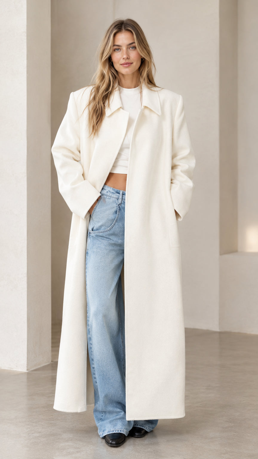 Full-length front view of a model wearing a tailored cream maxi overcoat with wide-leg jeans