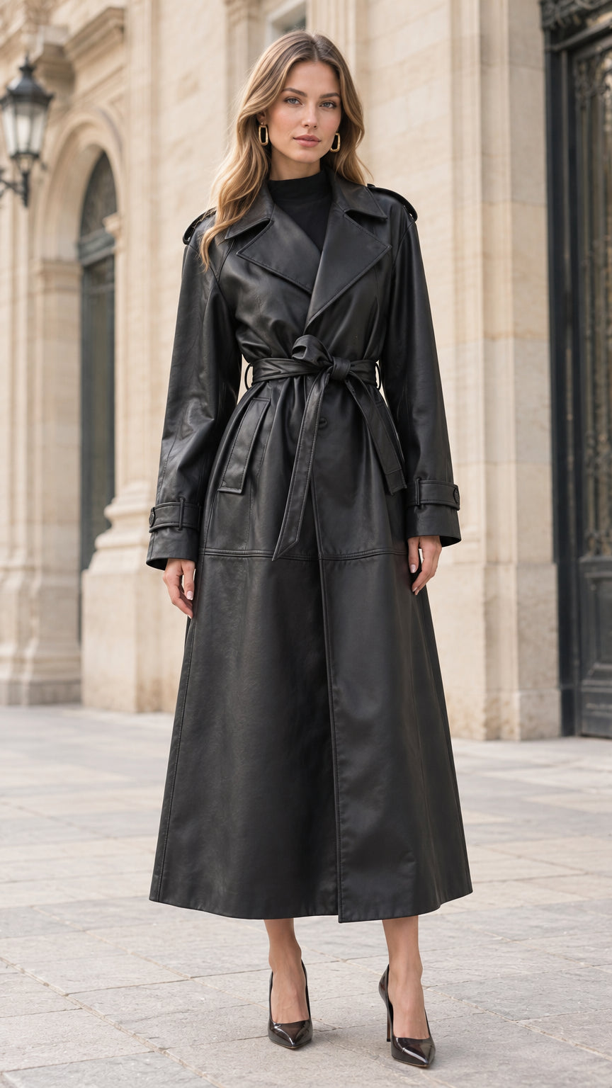 Front view of woman wearing black faux leather maxi trench coat with tie belt