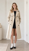 Full front view of model wearing beige double-breasted long trench coat with black inner dress