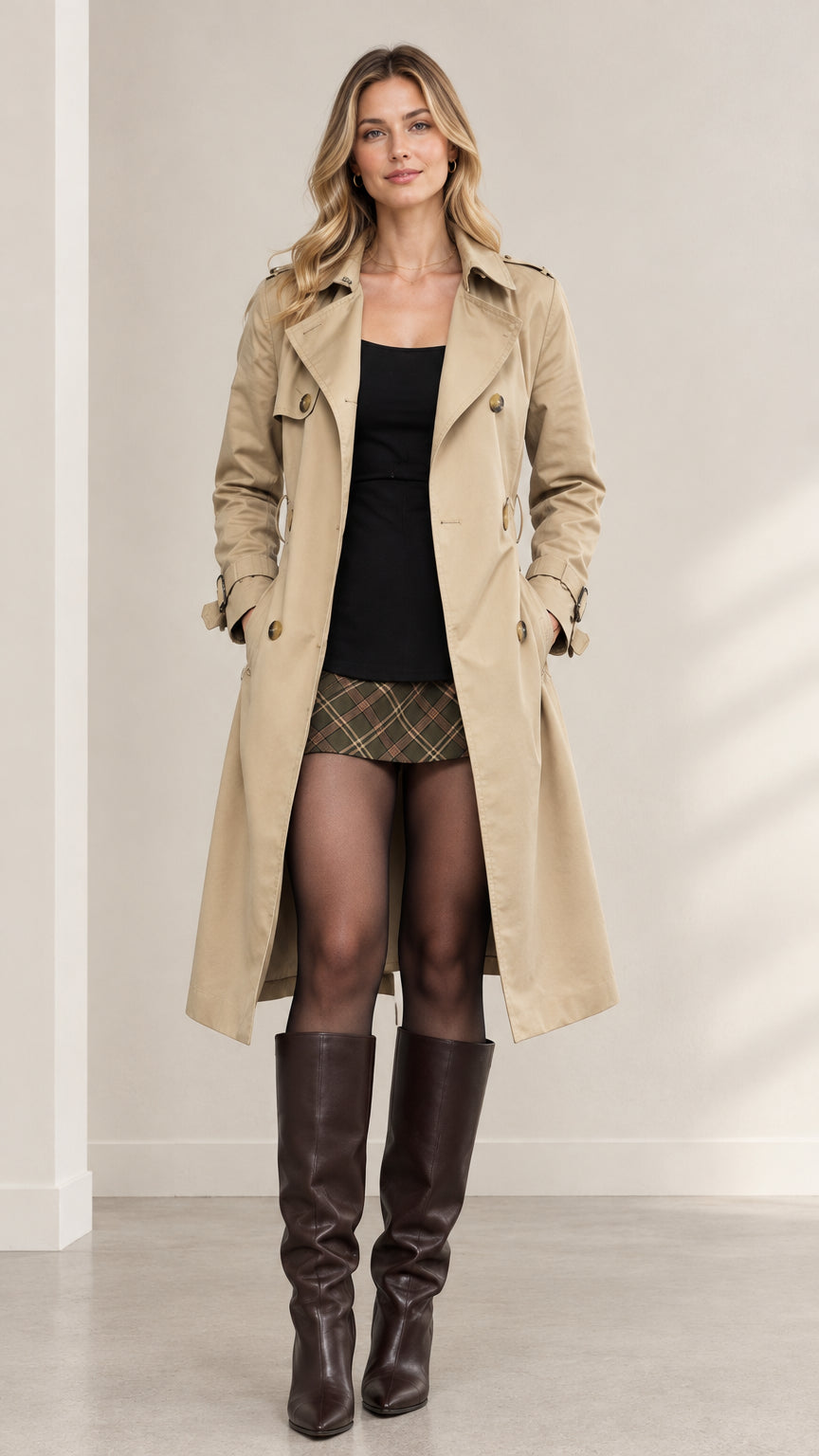 Full front view of model wearing classic beige double-breasted long trench coat with knee boots