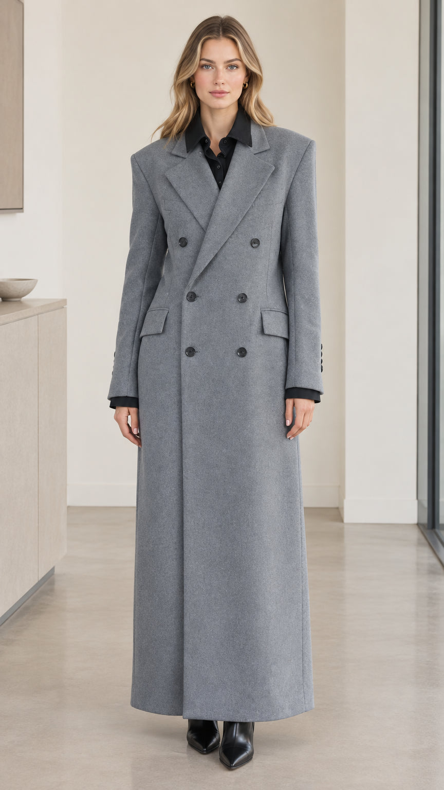 Front full-length view of woman wearing grey double-breasted maxi overcoat