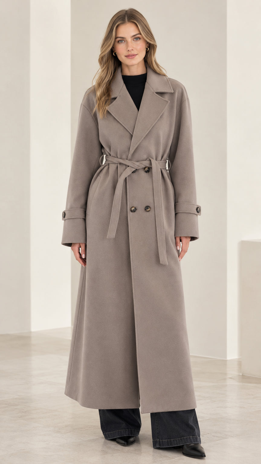 Front view of woman wearing a taupe double-breasted maxi trench coat with tie belt