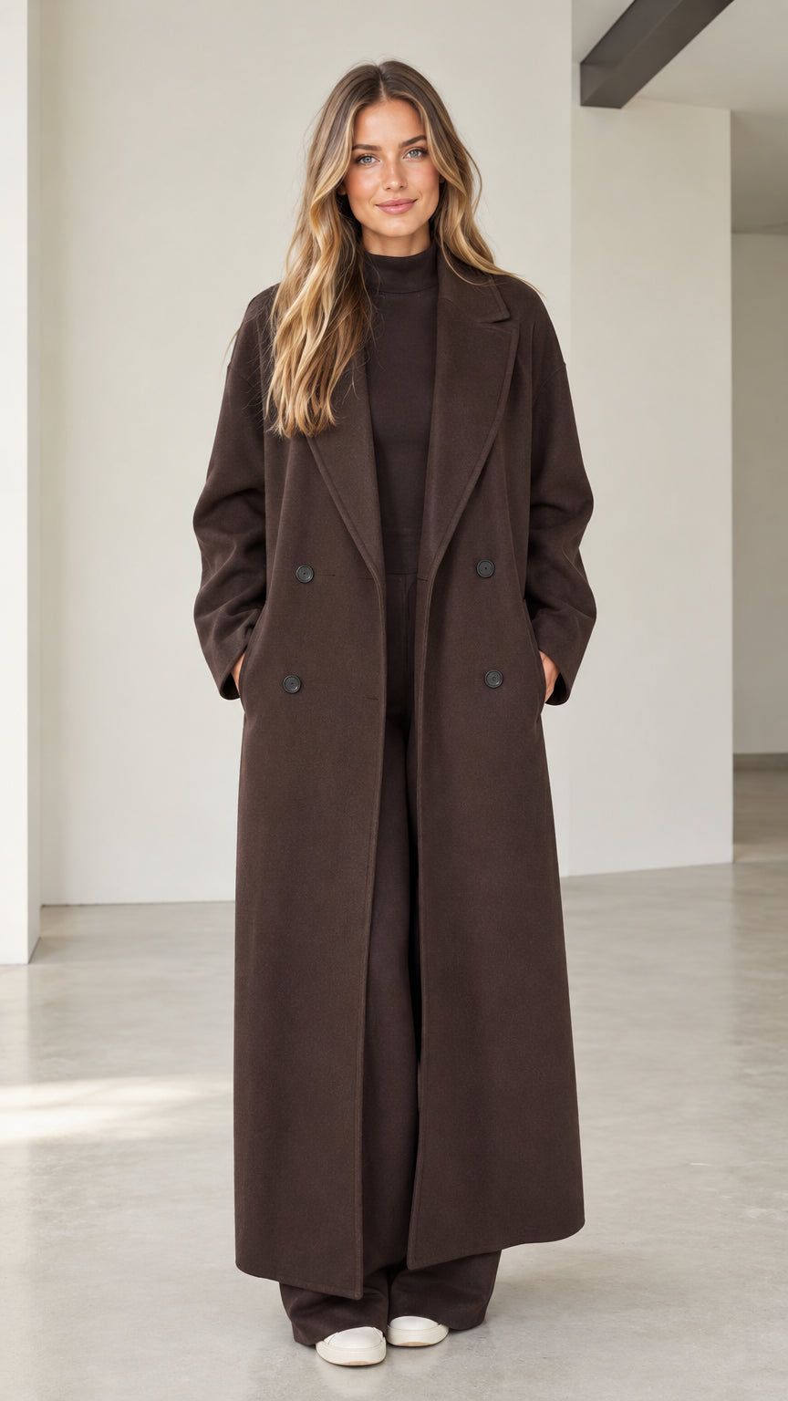 Front full-length view of woman wearing dark brown double-breasted maxi overcoat