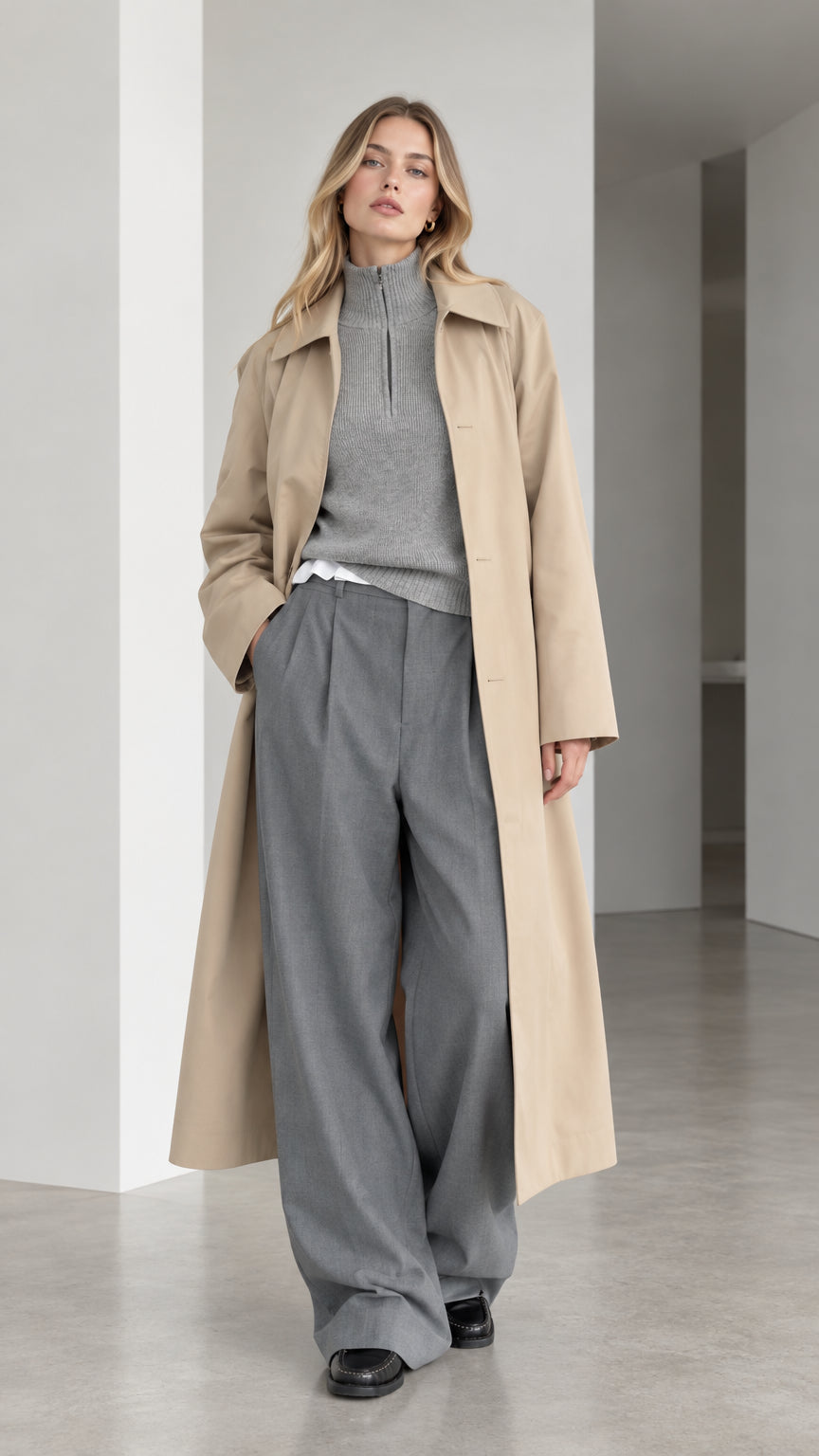 Front full-length view of model wearing a beige longline trench coat with grey wide-leg trousers
