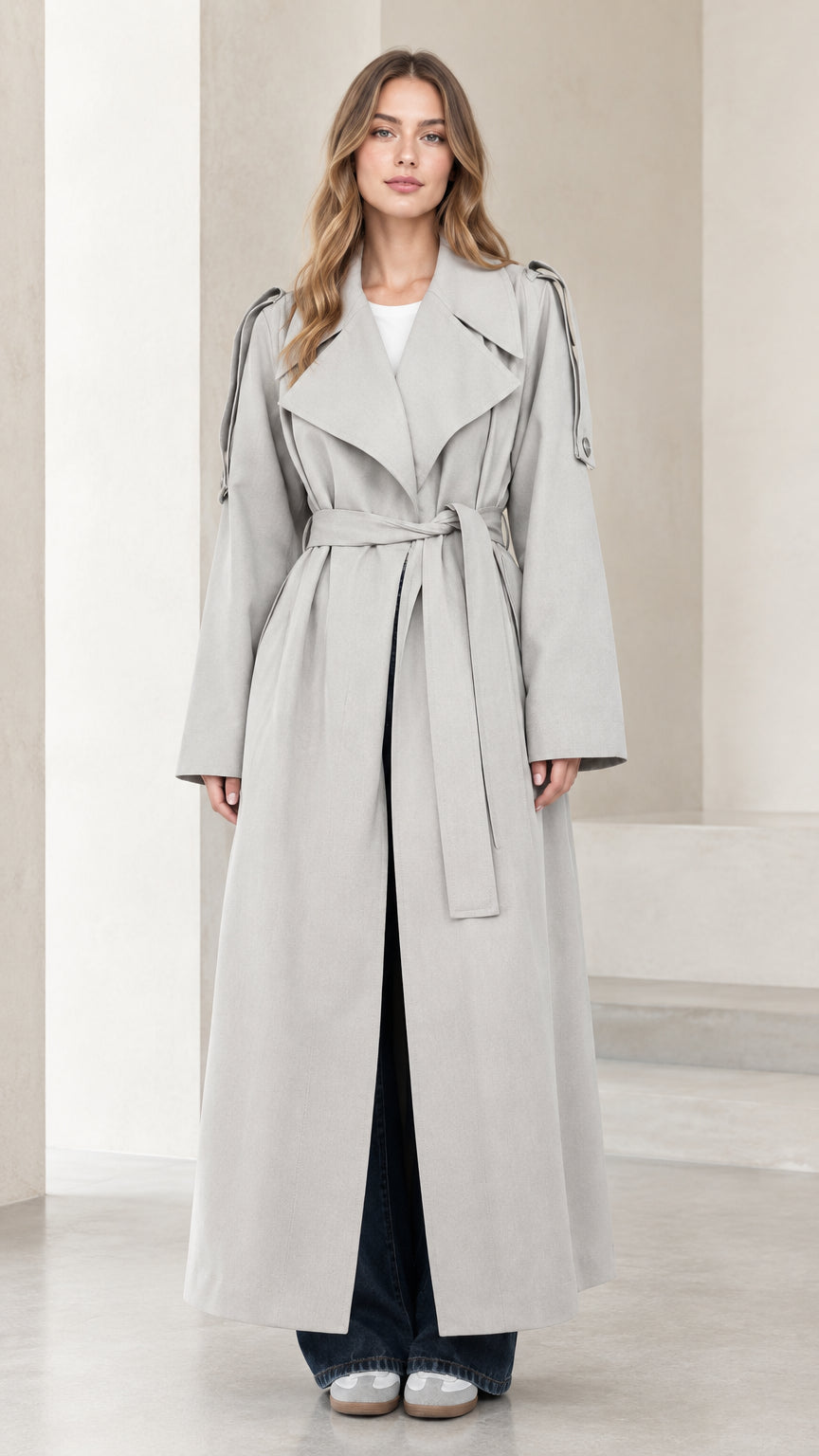 Front view of model wearing light grey maxi trench coat with tie belt