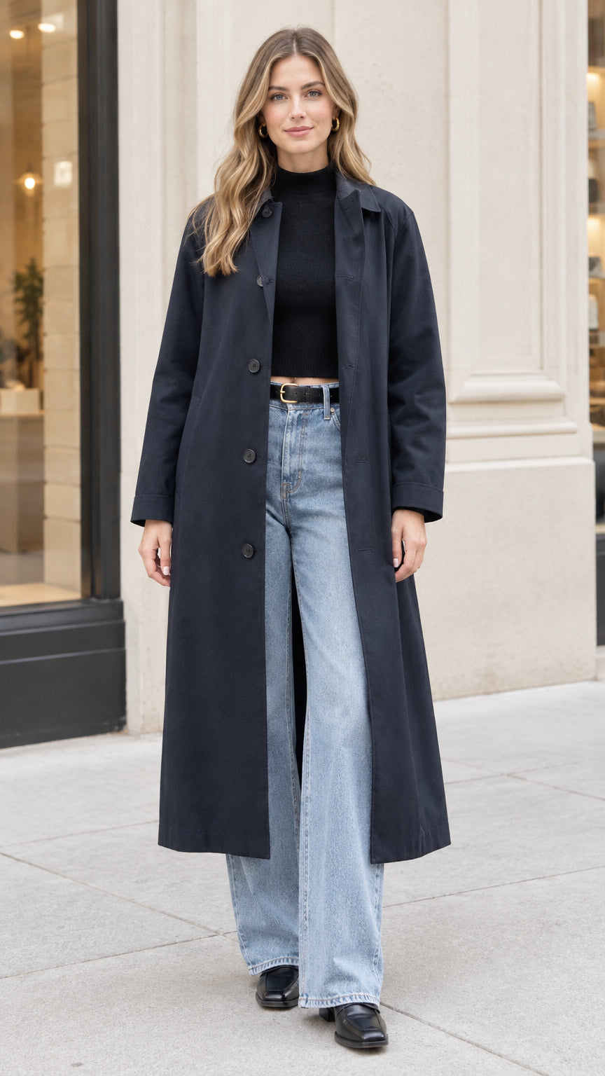 Front full view of woman wearing long Navy Blue single-breasted trench coat with jeans and black top
