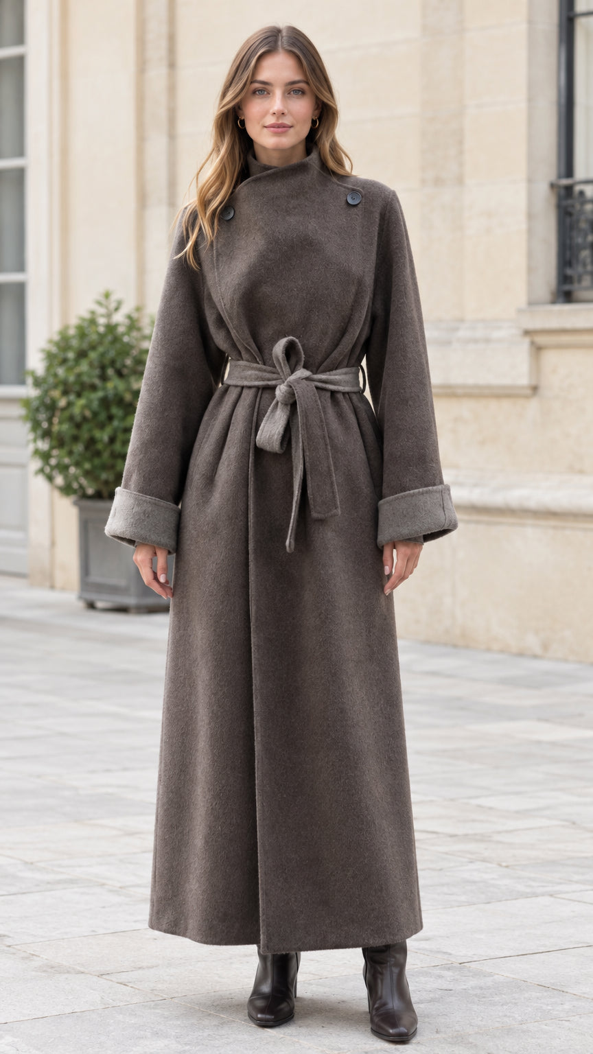 Full-length front view of model wearing charcoal high neck belted maxi coat