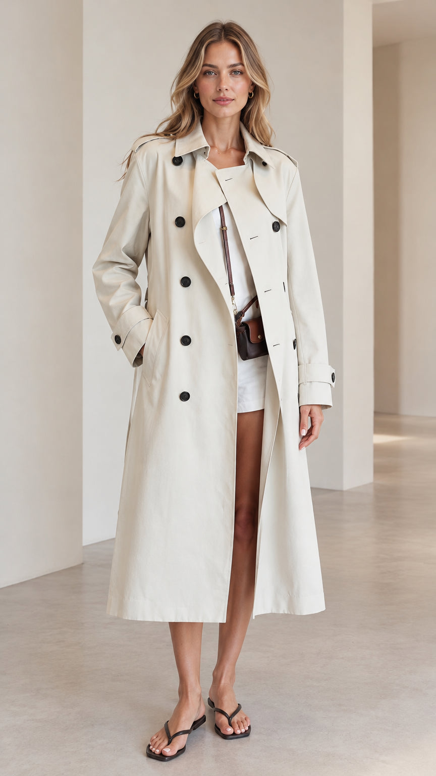 Front full view of woman wearing beige double-breasted long trench coat