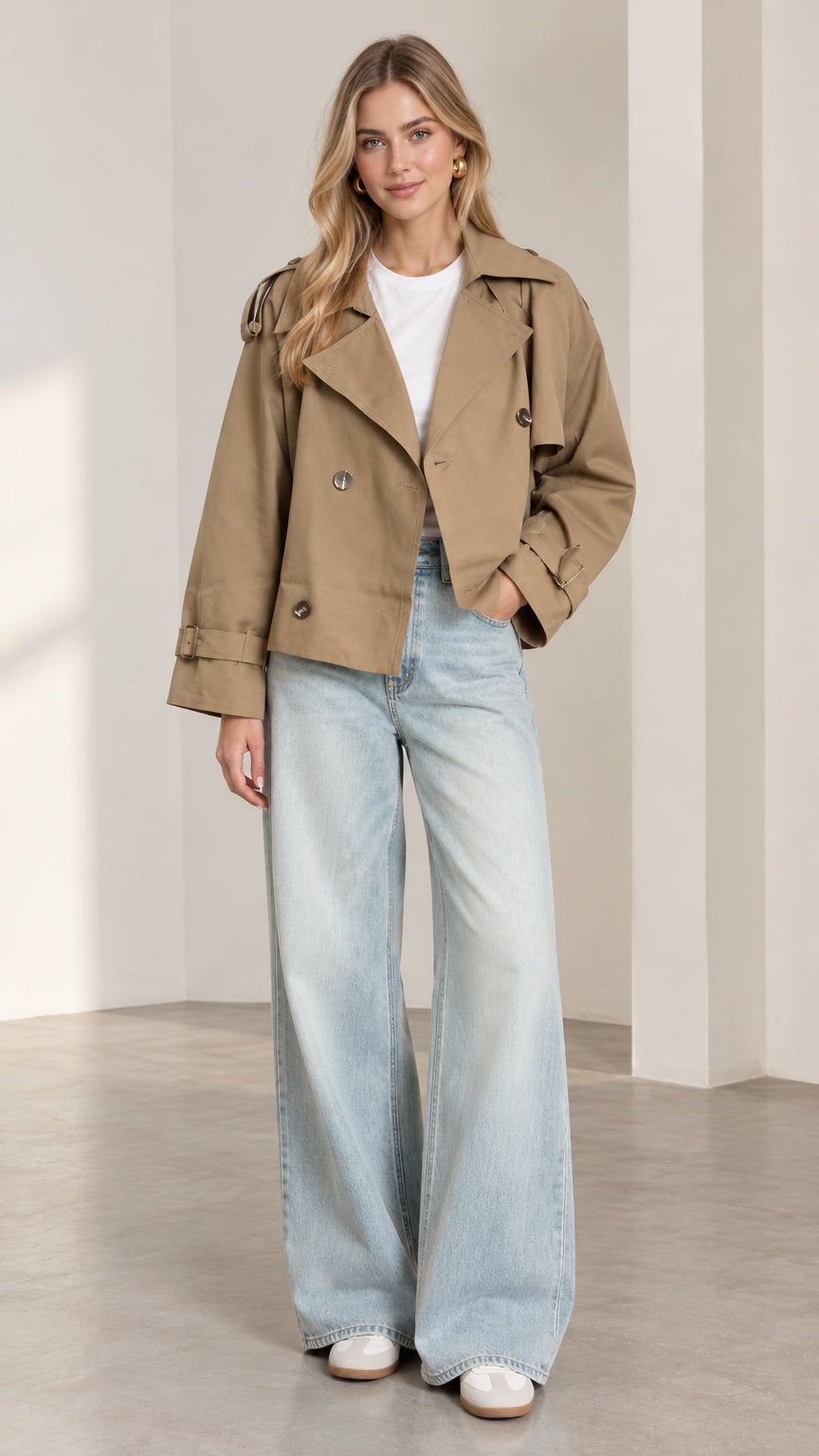 Front full-length view of model wearing khaki cropped trench jacket with wide-leg jeans
